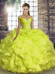 Sumptuous Organza Off The Shoulder Sleeveless Lace Up Beading and Ruffles Quince Ball Gowns in Yellow