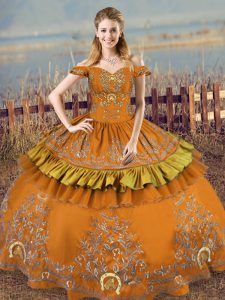 Flirting Off The Shoulder Sleeveless Quinceanera Dress Floor Length Embroidery Brown Satin