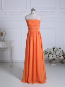 Hot Selling Sleeveless Chiffon Floor Length Zipper Bridesmaid Dresses in Orange with Ruching