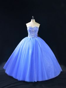 Delicate Blue Lace Up Quinceanera Dress Beading Sleeveless Floor Length