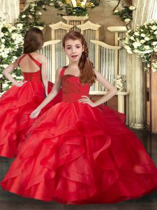 Red Ball Gowns Straps Sleeveless Tulle Floor Length Lace Up Ruffles and Ruching Little Girls Pageant Dress Wholesale