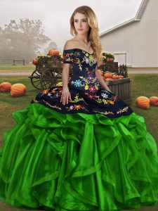 Green Lace Up Off The Shoulder Embroidery and Ruffles Quinceanera Dresses Organza Sleeveless