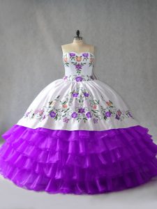 White And Purple Ball Gowns Organza Sweetheart Sleeveless Embroidery and Ruffled Layers Floor Length Lace Up Sweet 16 Dr