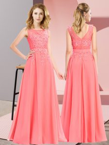 Watermelon Red Empire Chiffon Scoop Sleeveless Beading and Appliques Floor Length Zipper Dama Dress for Quinceanera