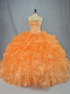 Orange Ball Gowns Strapless Sleeveless Organza Floor Length Lace Up Beading and Ruffles 15th Birthday Dress
