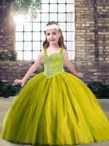 Admirable Olive Green Tulle Lace Up Straps Sleeveless Floor Length Custom Made Pageant Dress Beading