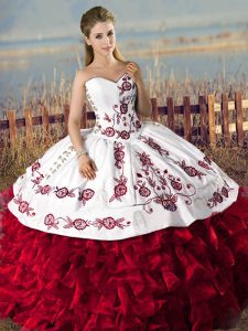Organza Sweetheart Sleeveless Lace Up Embroidery and Ruffles Quinceanera Gowns in Red