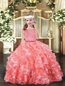 Floor Length Zipper Little Girls Pageant Dress Watermelon Red for Party and Wedding Party with Lace and Ruffled Layers