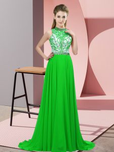 Discount Green Backless Prom Gown Beading Sleeveless Brush Train