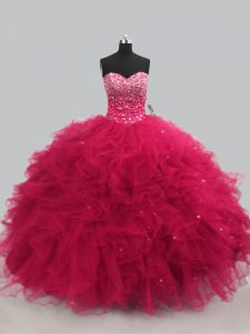 Floor Length Hot Pink Sweet 16 Dress Sweetheart Sleeveless Lace Up