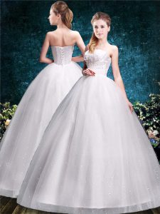 Custom Made Sleeveless Tulle Floor Length Lace Up Wedding Dresses in White with Appliques