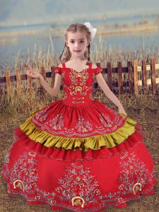 Best Floor Length Red Child Pageant Dress Satin Sleeveless Beading and Embroidery
