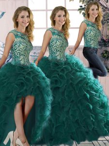 Fashionable Floor Length Lace Up Ball Gown Prom Dress Peacock Green for Military Ball and Sweet 16 and Quinceanera with 