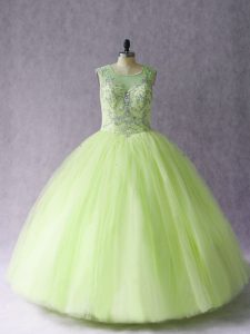 Comfortable Floor Length Yellow Green Quinceanera Dresses Scoop Sleeveless Lace Up