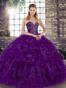 Trendy Beading and Ruffles Quinceanera Dress Purple Lace Up Sleeveless Floor Length