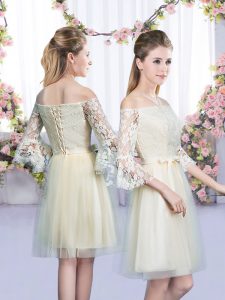 Champagne Tulle Lace Up Off The Shoulder 3 4 Length Sleeve Mini Length Damas Dress Lace and Bowknot