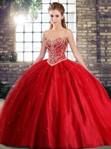 Red Lace Up Sweetheart Beading Ball Gown Prom Dress Tulle Sleeveless Brush Train