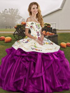 White And Purple Ball Gowns Off The Shoulder Sleeveless Organza Floor Length Lace Up Embroidery and Ruffles Quinceanera 