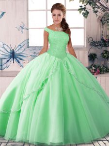 Designer Beading Sweet 16 Quinceanera Dress Apple Green Lace Up Sleeveless Brush Train