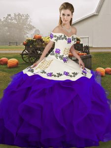 Fine Tulle Off The Shoulder Sleeveless Lace Up Embroidery and Ruffles Quinceanera Dress in White And Purple