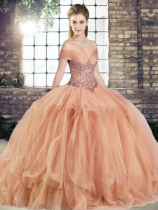 Superior Sleeveless Floor Length Beading and Ruffles Lace Up Ball Gown Prom Dress with Peach