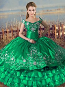 Off The Shoulder Sleeveless Sweet 16 Dress Floor Length Embroidery and Ruffled Layers Green Organza