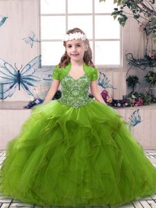 Trendy Straps Sleeveless Little Girls Pageant Dress Floor Length Beading Olive Green Tulle
