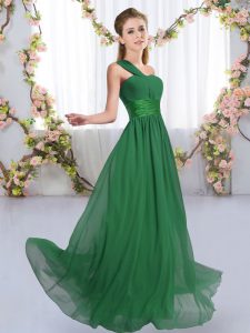 Chiffon One Shoulder Sleeveless Lace Up Ruching Bridesmaid Gown in Dark Green