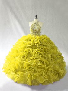 Custom Fit Yellow Green Lace Up Halter Top Beading and Ruffles Quinceanera Dress Organza Sleeveless Brush Train