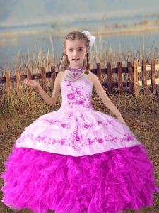 Fancy Lilac Halter Top Neckline Beading and Embroidery and Ruffles Girls Pageant Dresses Sleeveless Lace Up