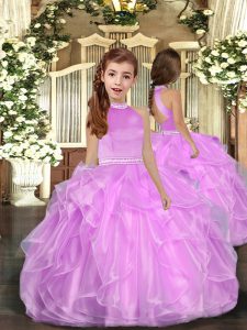 Lilac Ball Gowns Halter Top Sleeveless Organza Floor Length Backless Beading and Ruffles Little Girls Pageant Dress