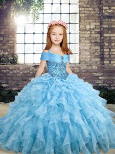 Stylish Organza Straps Sleeveless Lace Up Beading and Ruffles Custom Made Pageant Dress in Blue
