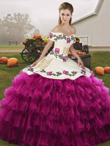 Lovely Fuchsia Lace Up Off The Shoulder Embroidery and Ruffled Layers 15 Quinceanera Dress Organza Sleeveless