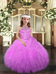New Style Halter Top Sleeveless Kids Formal Wear Floor Length Beading and Ruffles Lilac Tulle