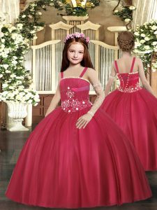 Modern Red Sleeveless Floor Length Beading Lace Up Child Pageant Dress