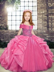 Best Pink Ball Gowns Straps Sleeveless Organza Floor Length Lace Up Beading and Ruffles Kids Pageant Dress