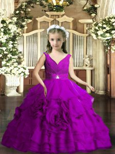 Adorable Purple Sleeveless Beading and Ruching Floor Length Little Girls Pageant Dress Wholesale