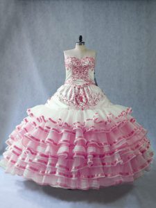 Noble Pink And White Ball Gowns Sweetheart Sleeveless Organza Floor Length Lace Up Embroidery and Ruffled Layers and Bow