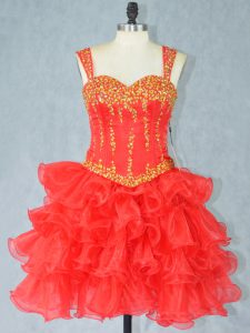 Best Selling Red Sleeveless Mini Length Beading and Ruffled Layers Lace Up Dress for Prom