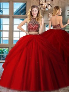 Sleeveless Floor Length Beading Backless Sweet 16 Dress with Red
