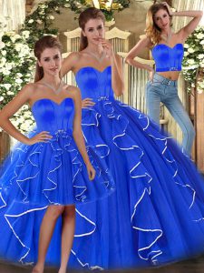 Flare Blue Lace Up Sweetheart Ruffles Vestidos de Quinceanera Tulle Sleeveless