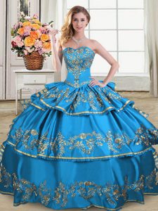 Fantastic Blue Ball Gowns Satin and Organza Sweetheart Sleeveless Embroidery and Ruffled Layers Floor Length Lace Up Qui