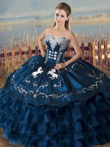 Custom Fit Navy Blue Sleeveless Floor Length Embroidery and Ruffles Lace Up Quinceanera Dresses