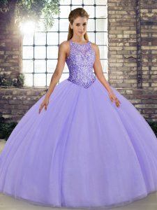 Deluxe Lavender Lace Up Scoop Embroidery Quinceanera Dresses Tulle Sleeveless