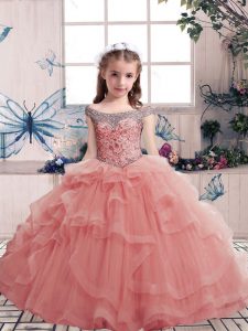 Scoop Sleeveless Little Girls Pageant Dress Wholesale Floor Length Beading and Ruffles Pink Tulle