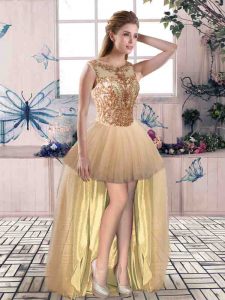Sexy Gold Lace Up Prom Dress Beading Sleeveless High Low