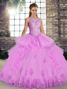 Best Selling Lilac Scoop Neckline Lace and Embroidery and Ruffles Sweet 16 Quinceanera Dress Sleeveless Lace Up