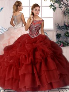 Shining Brush Train Ball Gowns Quinceanera Gowns Wine Red Scoop Organza Sleeveless Zipper