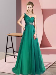 Captivating Chiffon One Shoulder Sleeveless Brush Train Criss Cross Beading Prom Evening Gown in Turquoise
