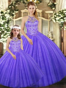 Floor Length Lace Up Ball Gown Prom Dress Lavender for Military Ball and Sweet 16 and Quinceanera with Beading
